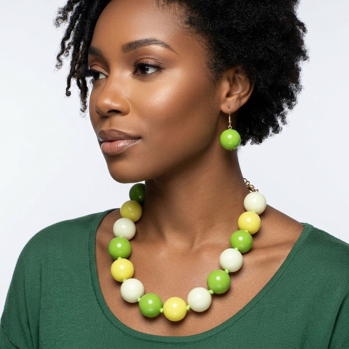 Mod Style Tricolor Green Tone Chunky Bead Necklace