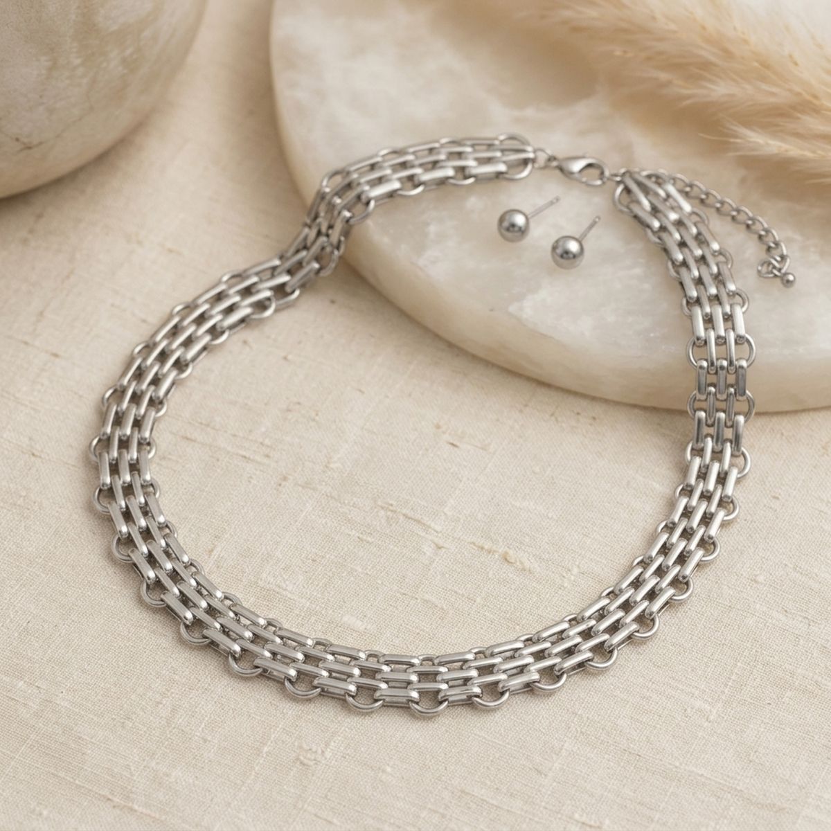 Silver Panther Link Style Chain Necklace Set