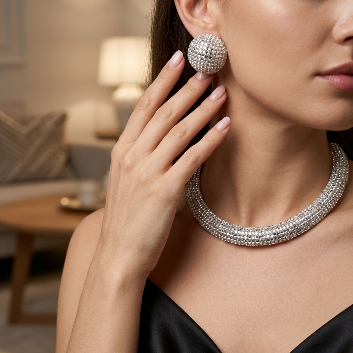 Gold Clear Stone 6 Row Disco Ball Collar Necklace