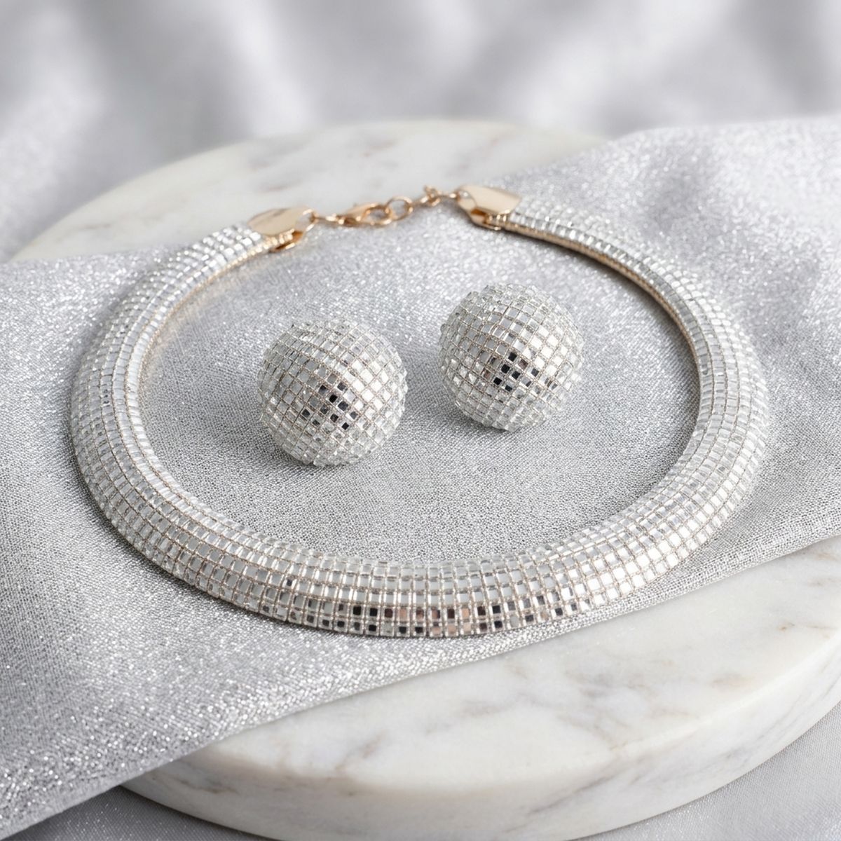 Gold Clear Stone 6 Row Disco Ball Collar Necklace