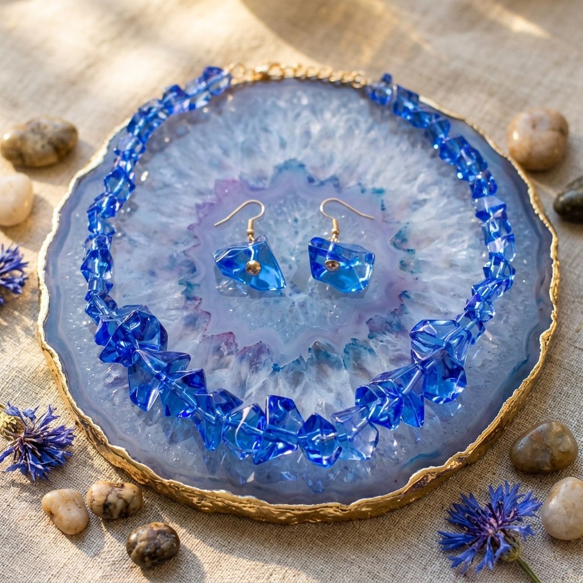 Translucent Blue Bead Rock Candy Necklace Set