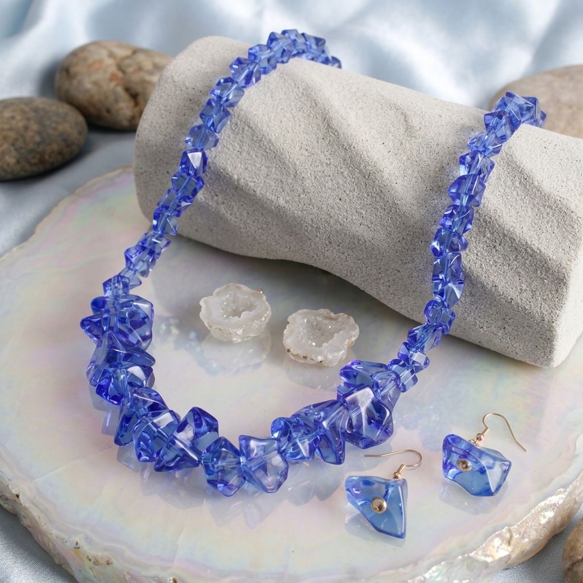 Translucent Blue Bead Rock Candy Necklace Set