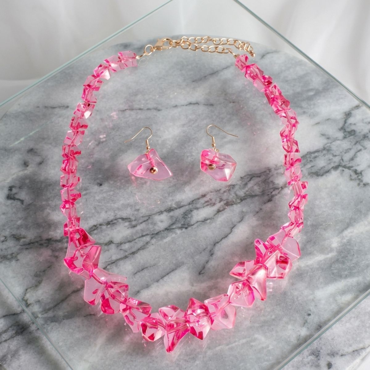 Translucent Pink Bead Rock Candy Necklace Set