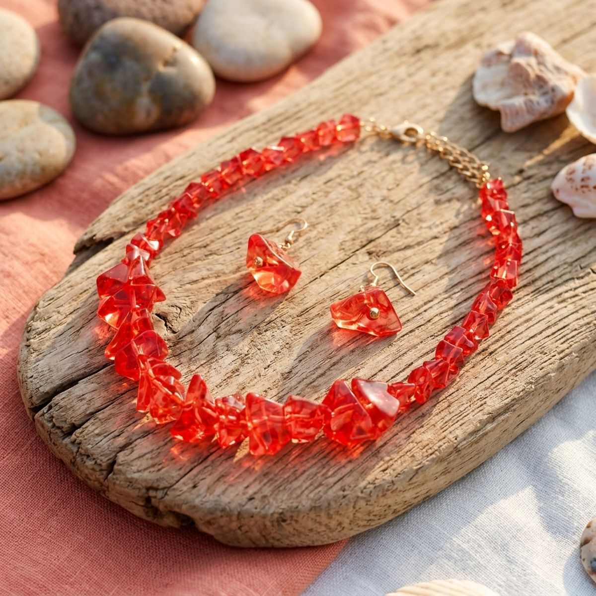 Translucent Red Bead Rock Candy Necklace Set
