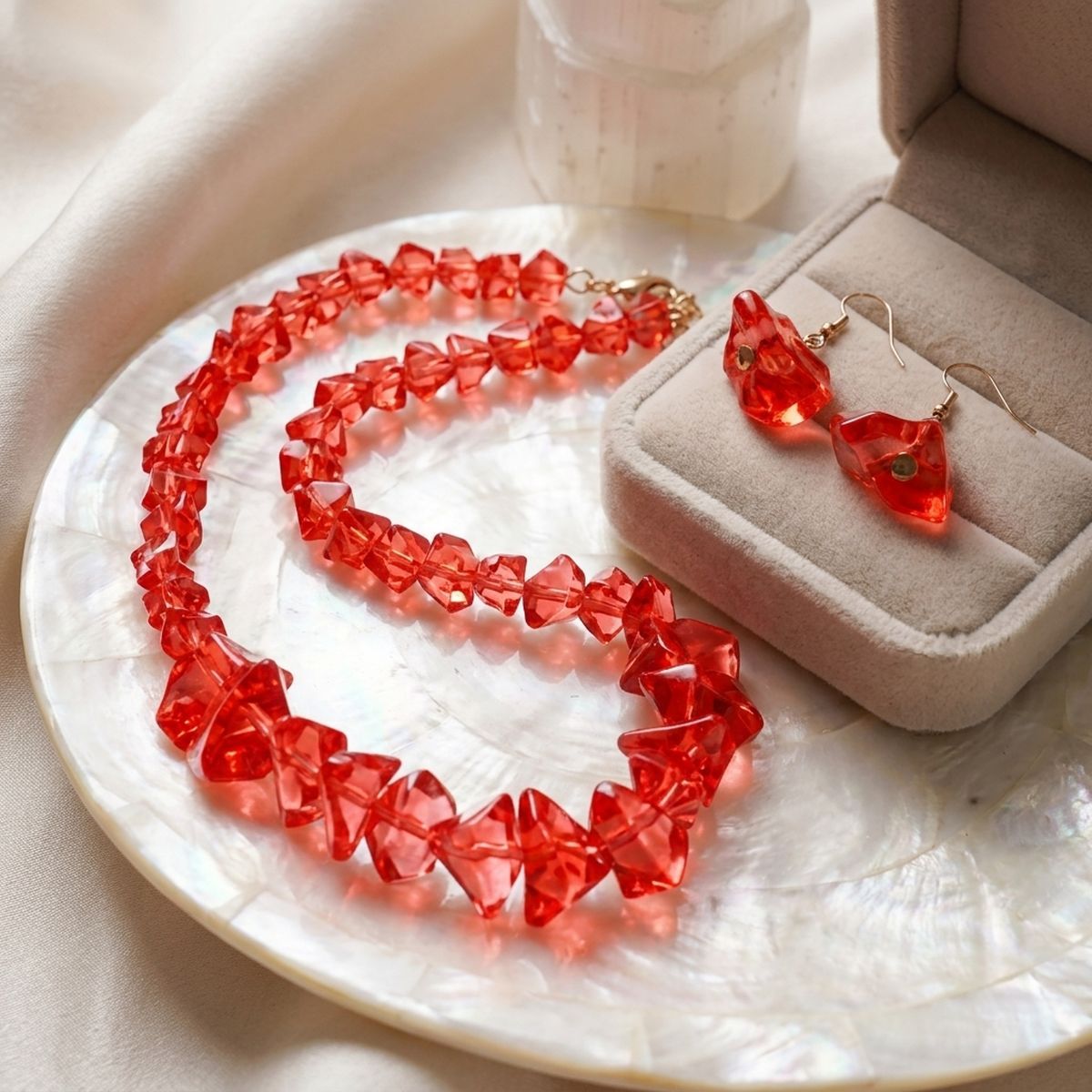 Translucent Red Bead Rock Candy Necklace Set
