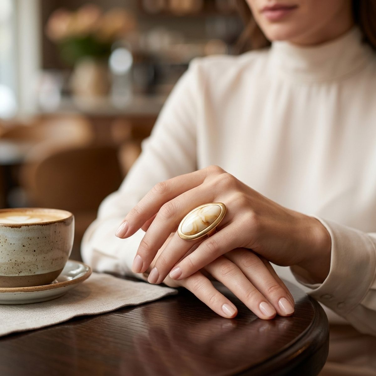 Marbled Ivory Oversized Organic Matte Gold Ring