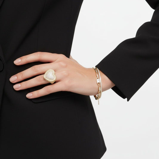 Cocktail Brass and CZ Enclosed Heart Size 8 Ring