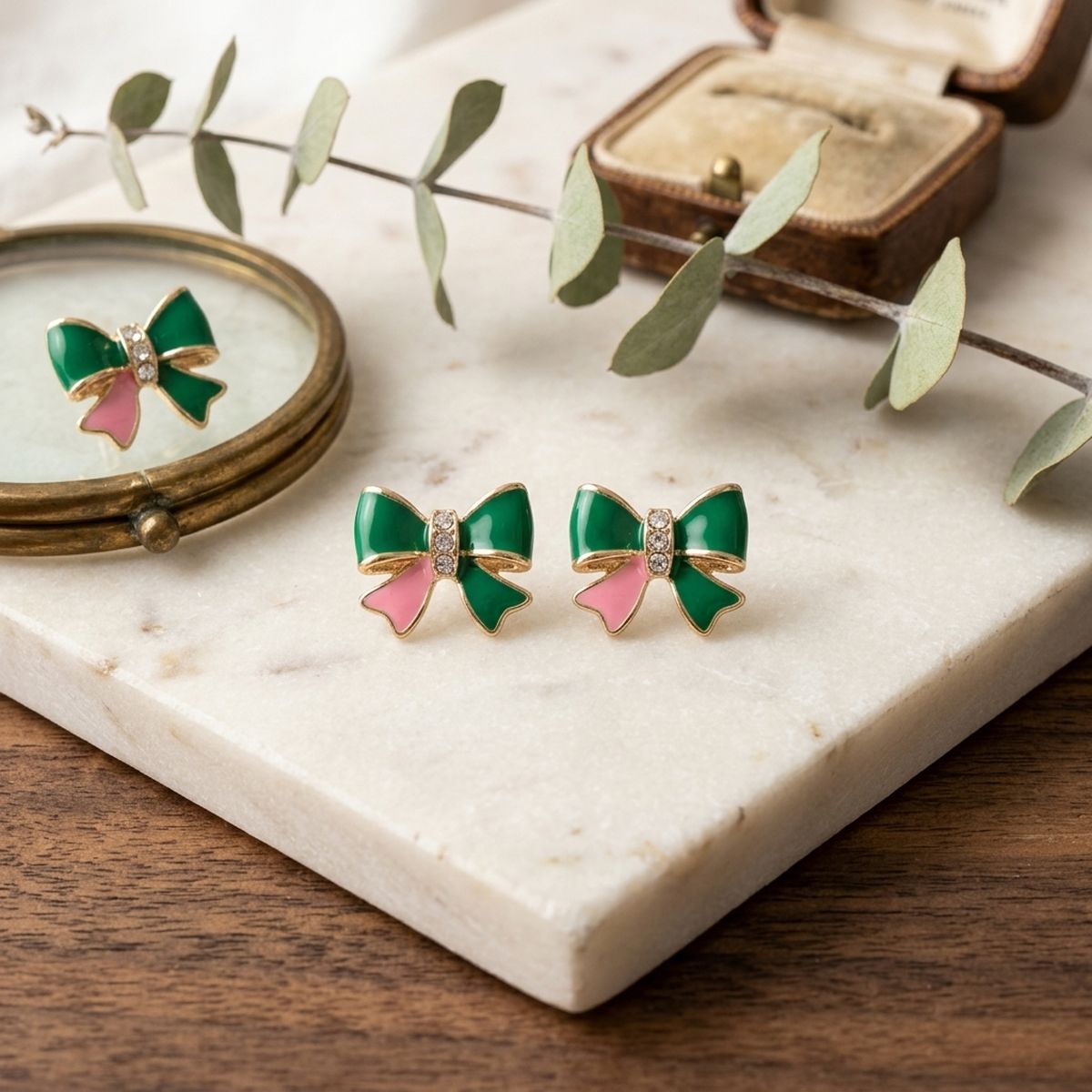 14K Gold Pink Green AKA Bow Bling Stud Earrings
