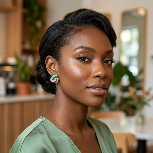 14K Gold Pink Green AKA Swirl Square Stud Earrings