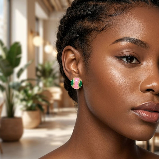 14K Gold Pink Green AKA Baseball Stud Earrings