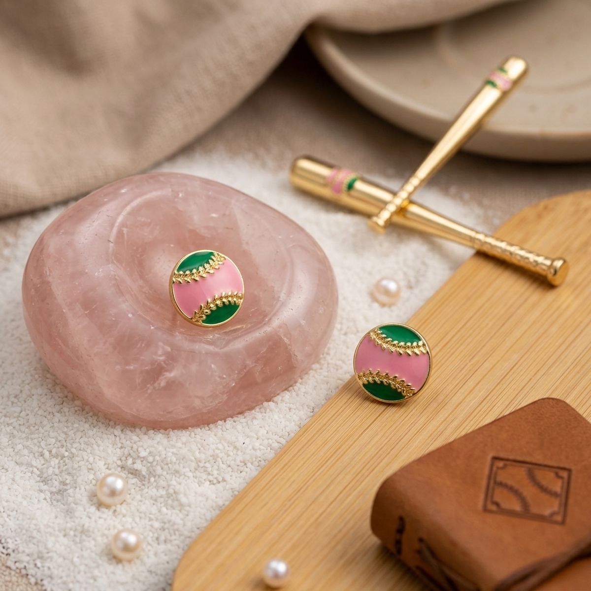 14K Gold Pink Green AKA Baseball Stud Earrings