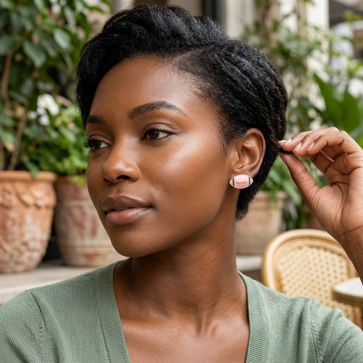 14K Gold Pink Green AKA Football Stud Earrings
