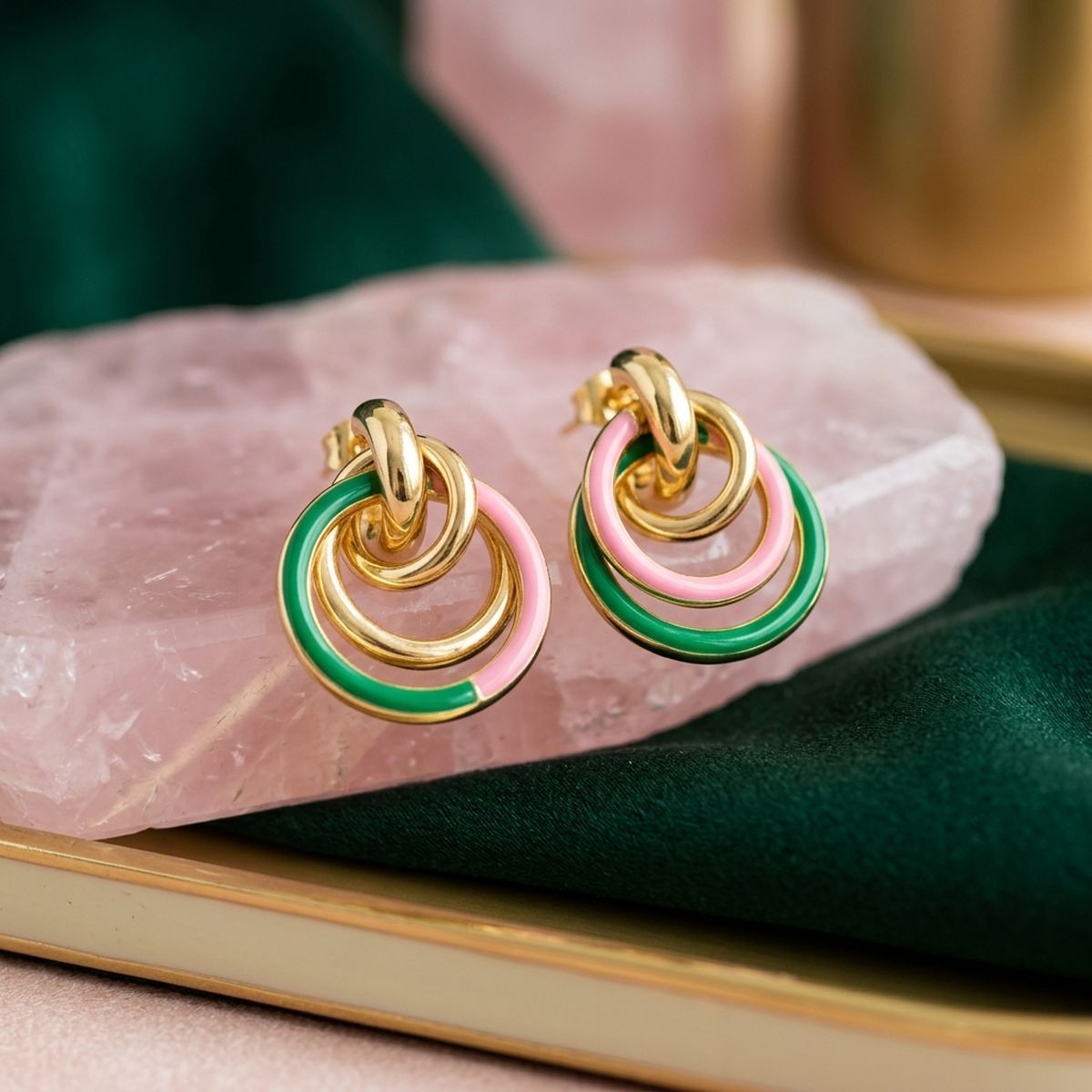 14K Gold Pink Green AKA Interlocking Ring Earrings