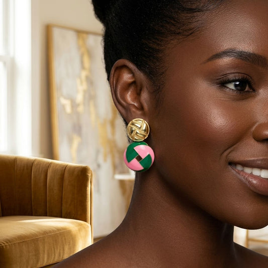 14K Gold Pink Green AKA Domed Woven Drop Earrings