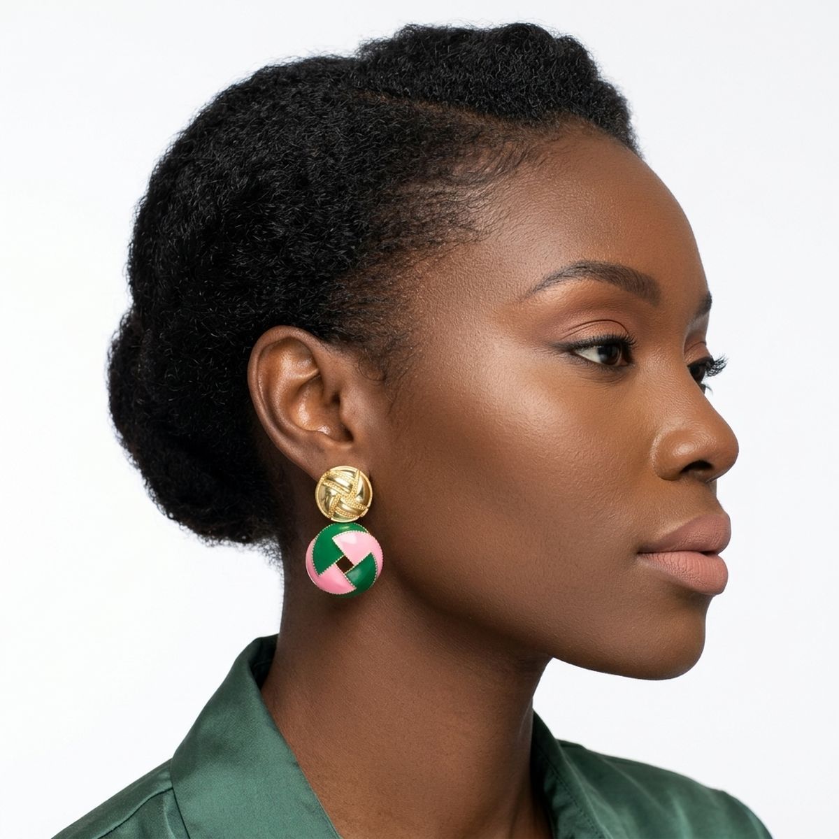 14K Gold Pink Green AKA Domed Woven Drop Earrings