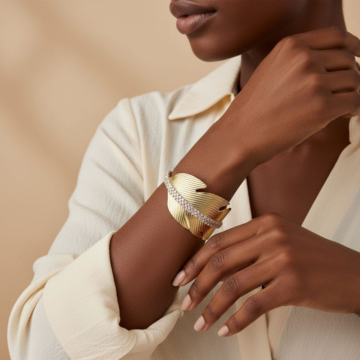 Cuff Gold Leaf Motif Shimmering Stone Bracelet