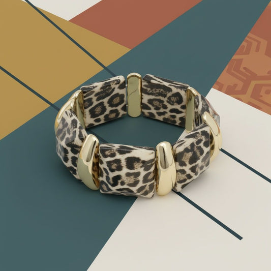 Square Leopard Print Chunky Bead Stretch Bracelet