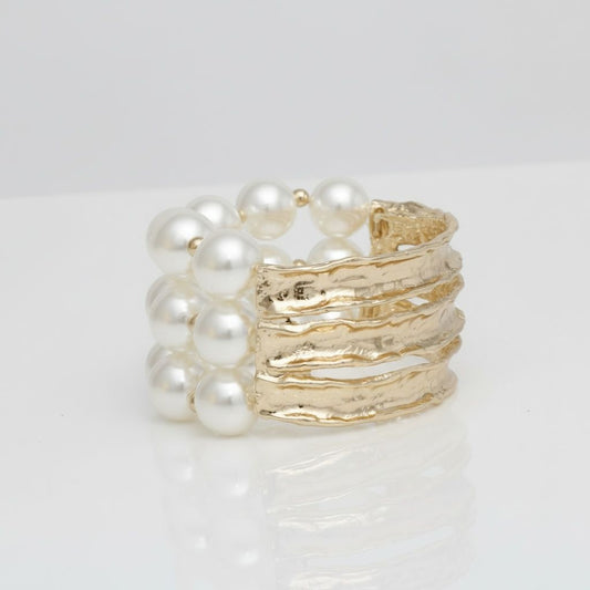 Cream Pearl Edgy Meets Classy Gold Metal Bracelet