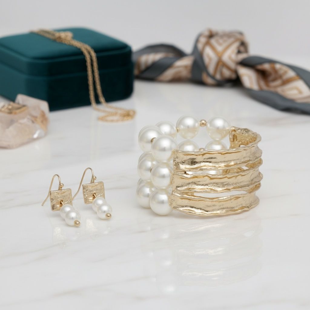 Cream Pearl Edgy Meets Classy Gold Metal Bracelet