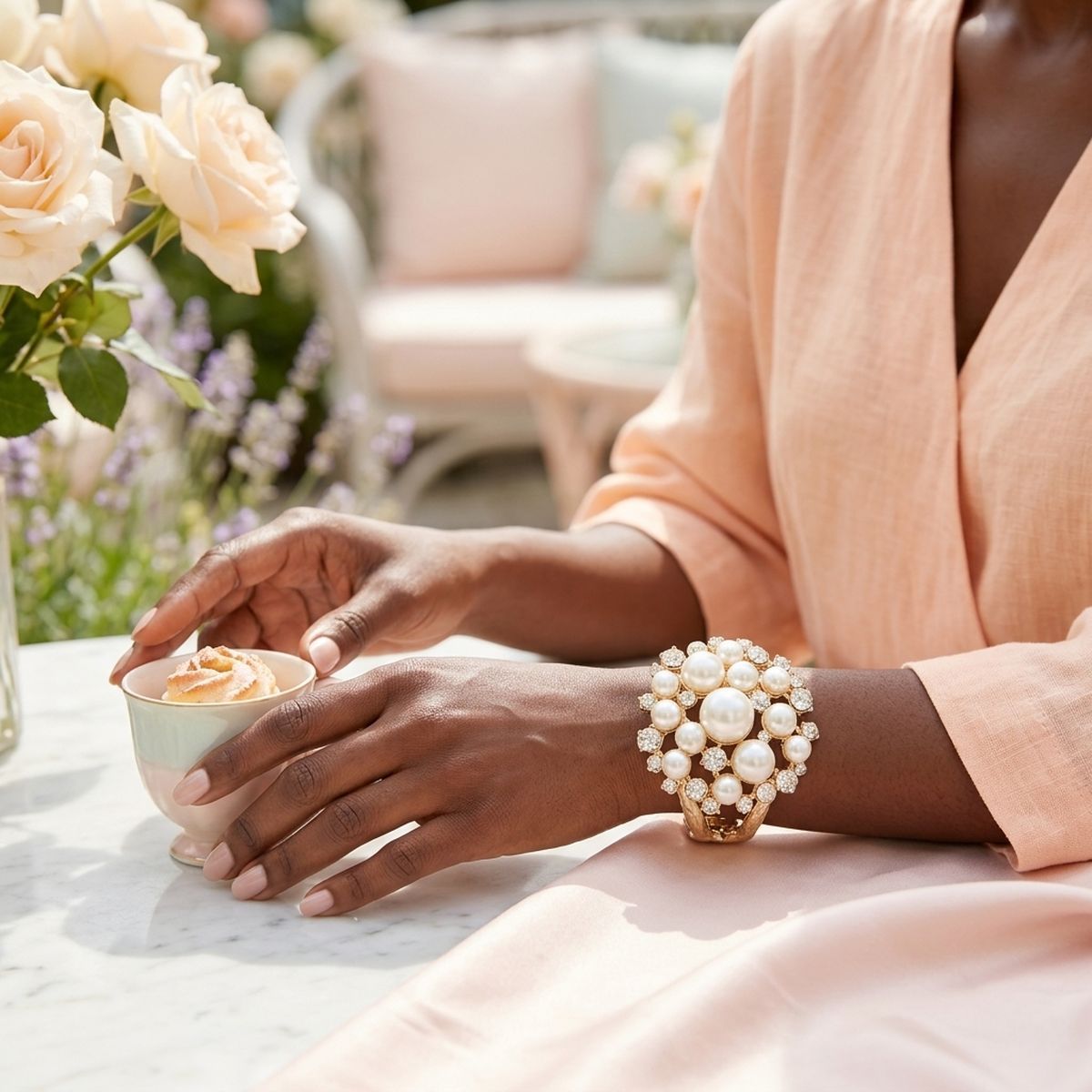 Cuff Cream Pearl and Crystal Ornate Bracelet