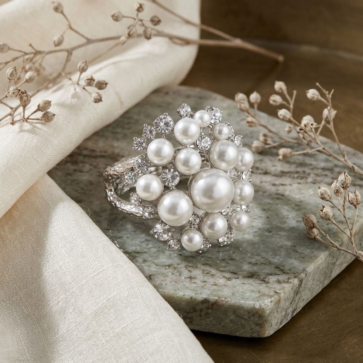 Cuff White Pearl and Crystal Ornate Bracelet