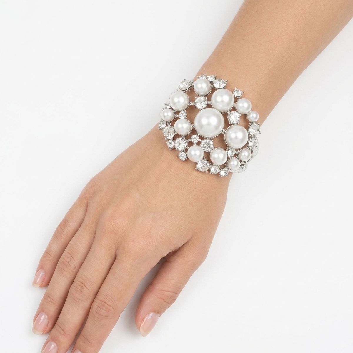 Cuff White Pearl and Crystal Ornate Bracelet