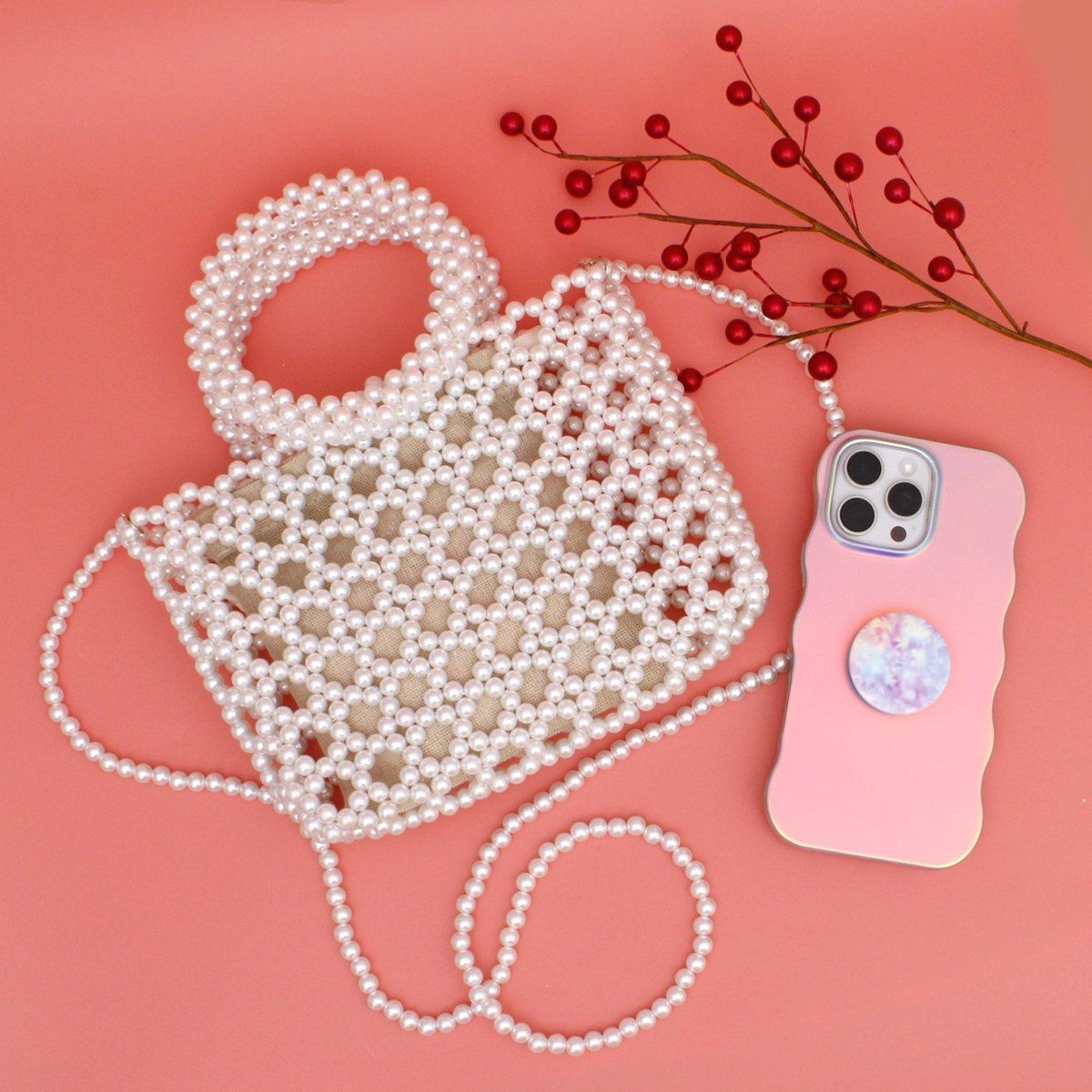 Top Handle Square White Pearl Woven Handbag