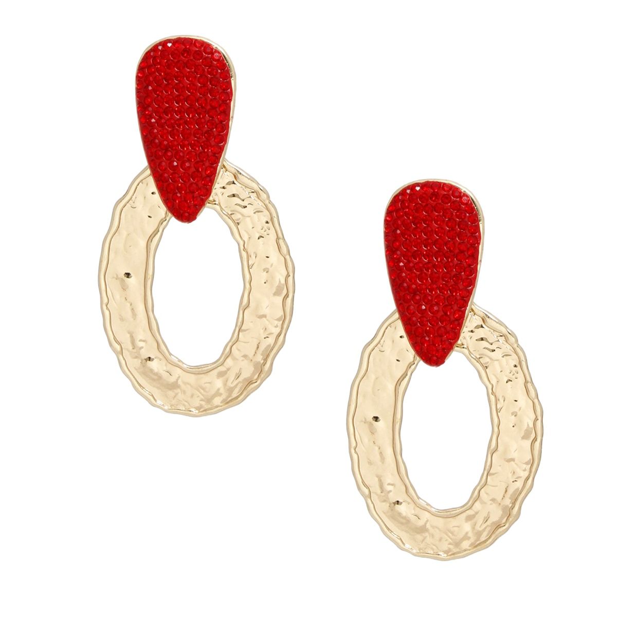 Drop Gold Red Rhinestone Elongated Oval Earrings
