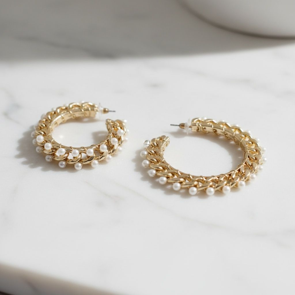 Gold Chain Open Hoops with Cream Pearl Earrings