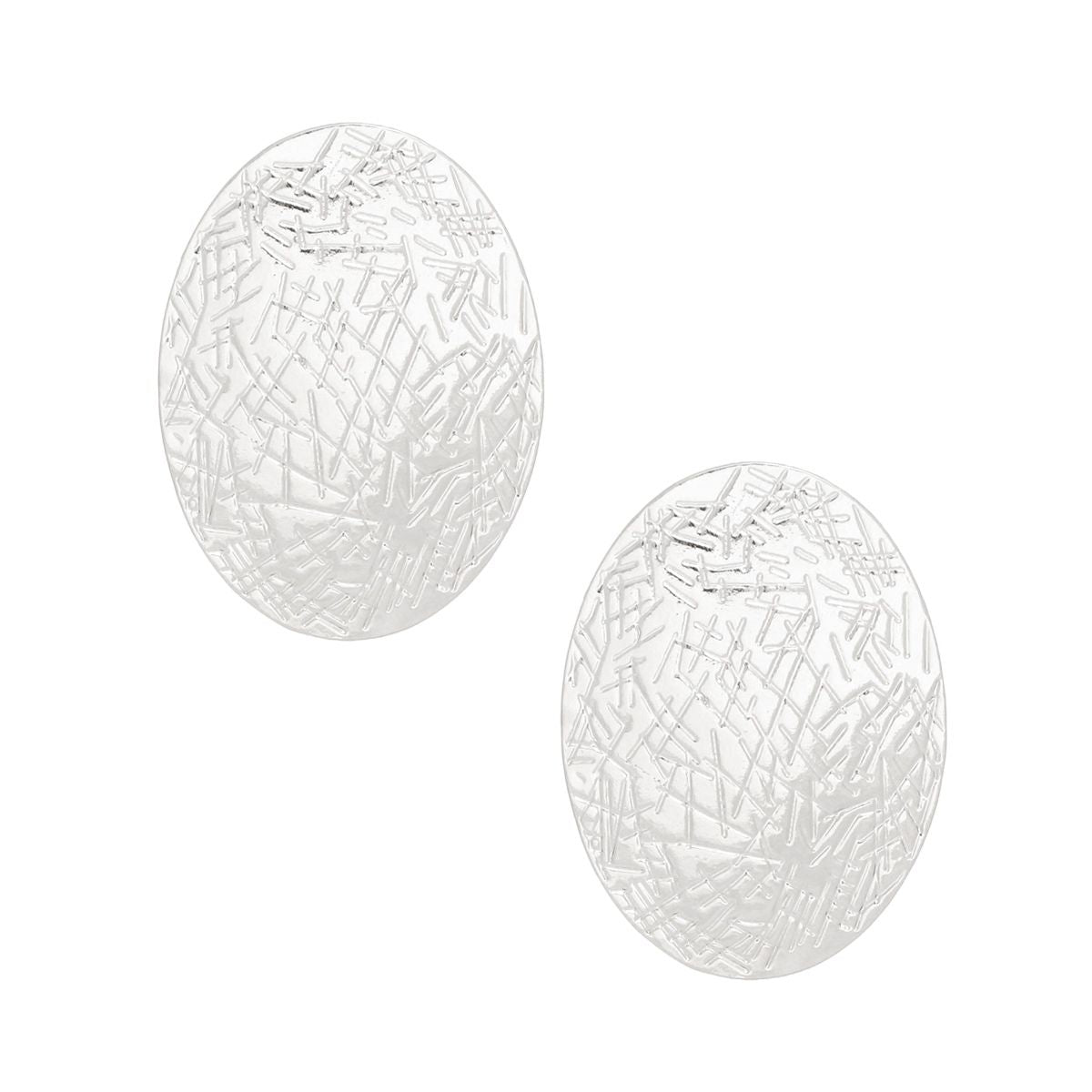 Stud Silver Metal Scratched Oval Plate Earrings