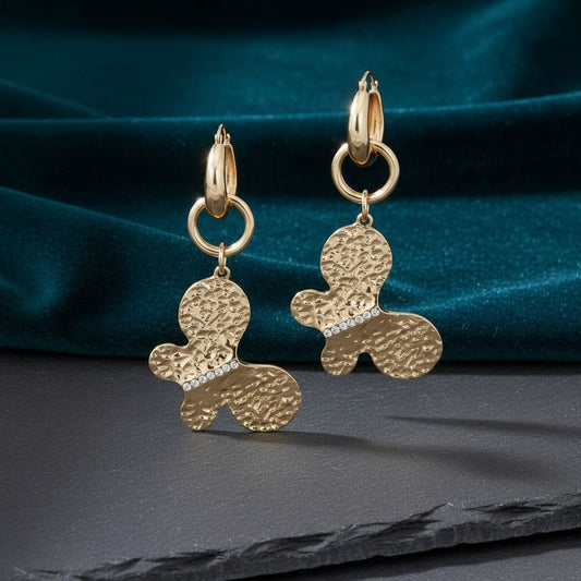 Hoop Hammered Gold Butterfly Long Drop Earrings