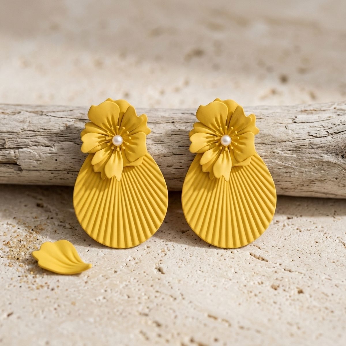 Large Stud Yellow Flower Fanned Teardrop Earrings