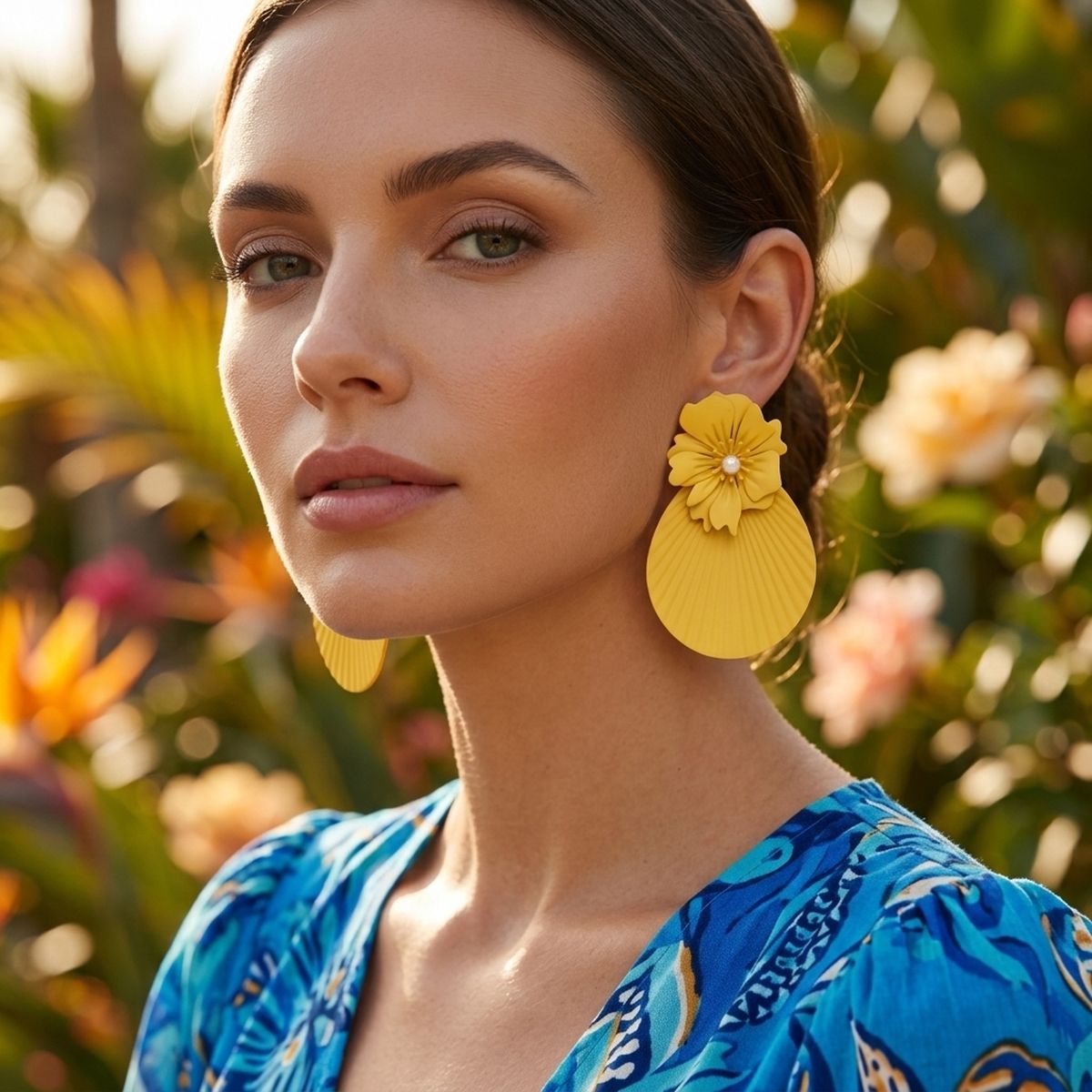 Large Stud Yellow Flower Fanned Teardrop Earrings
