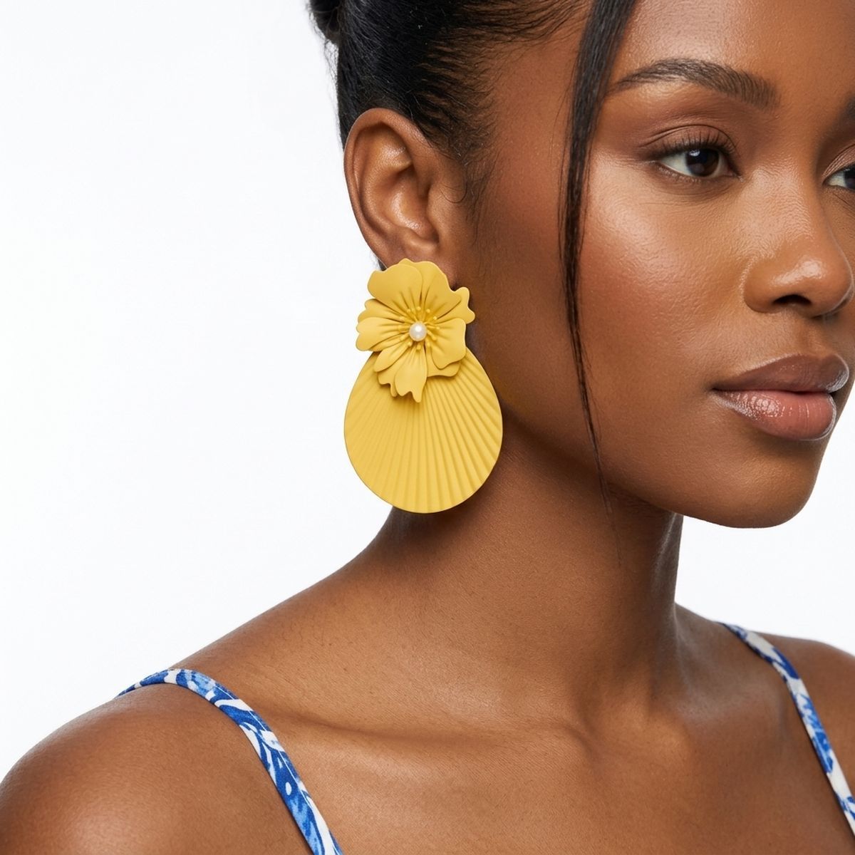 Large Stud Yellow Flower Fanned Teardrop Earrings