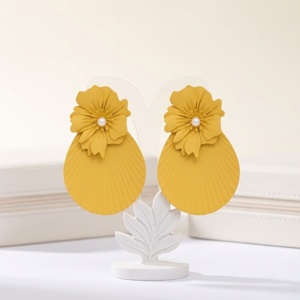 Large Stud Yellow Flower Fanned Teardrop Earrings