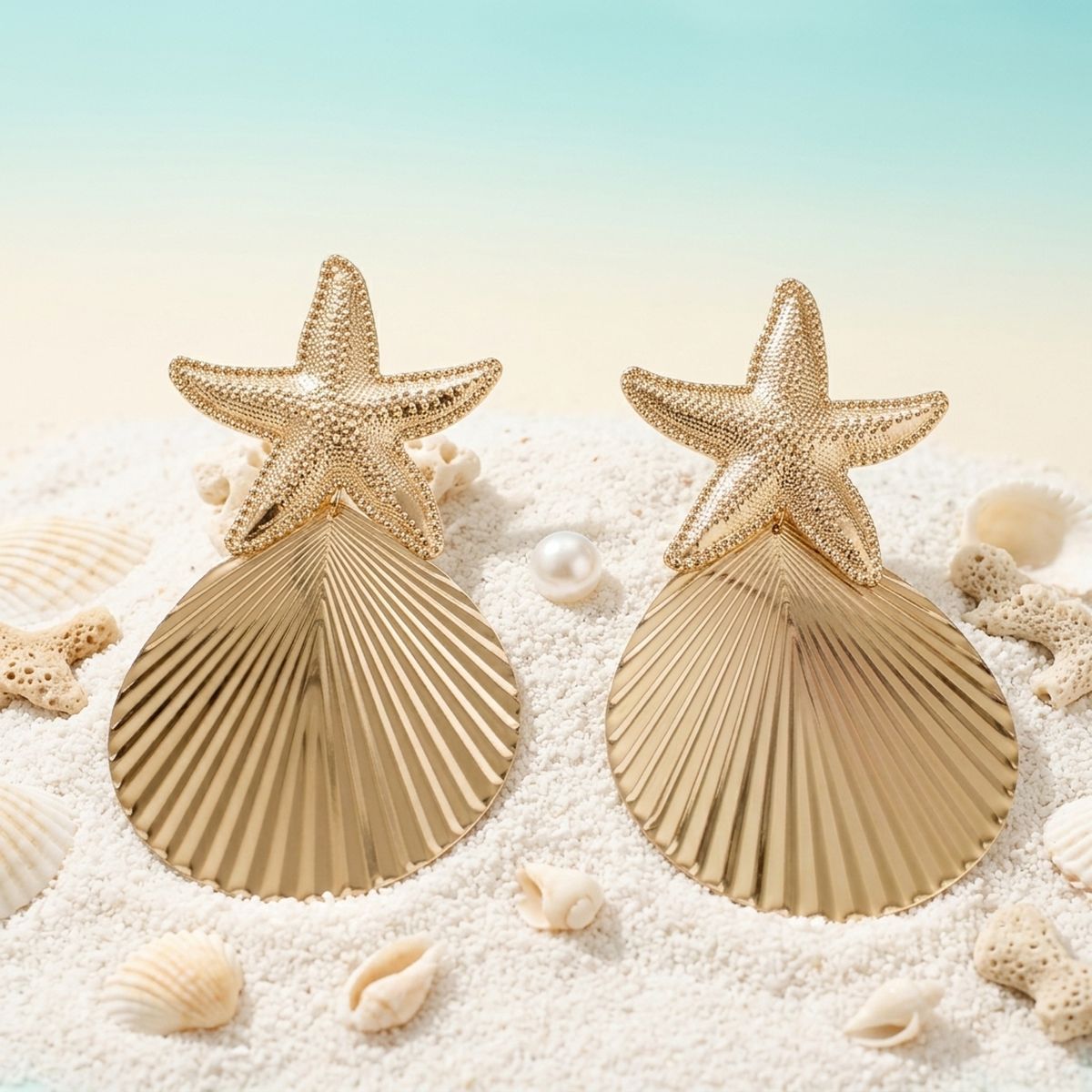 Gold Starfish Ribbed Teardrop XL Stud Earrings