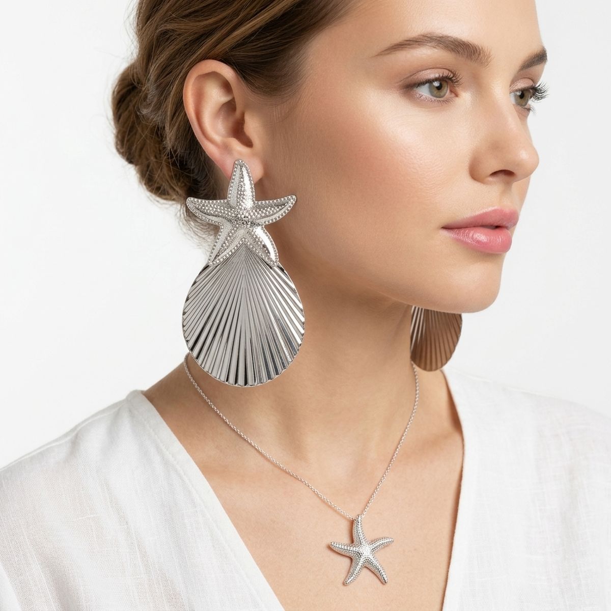 Silver Starfish Ribbed Teardrop XL Stud Earrings