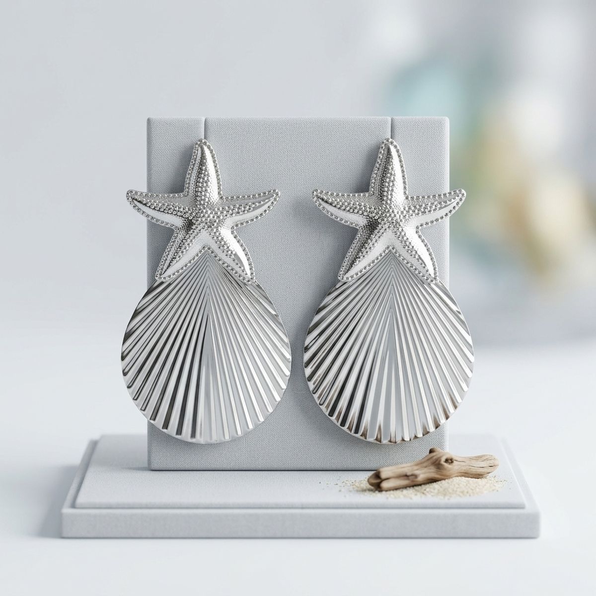 Silver Starfish Ribbed Teardrop XL Stud Earrings
