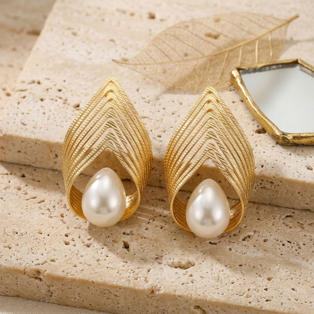 Gold Stud Sculpted Cradle Cream Pearl Earrings