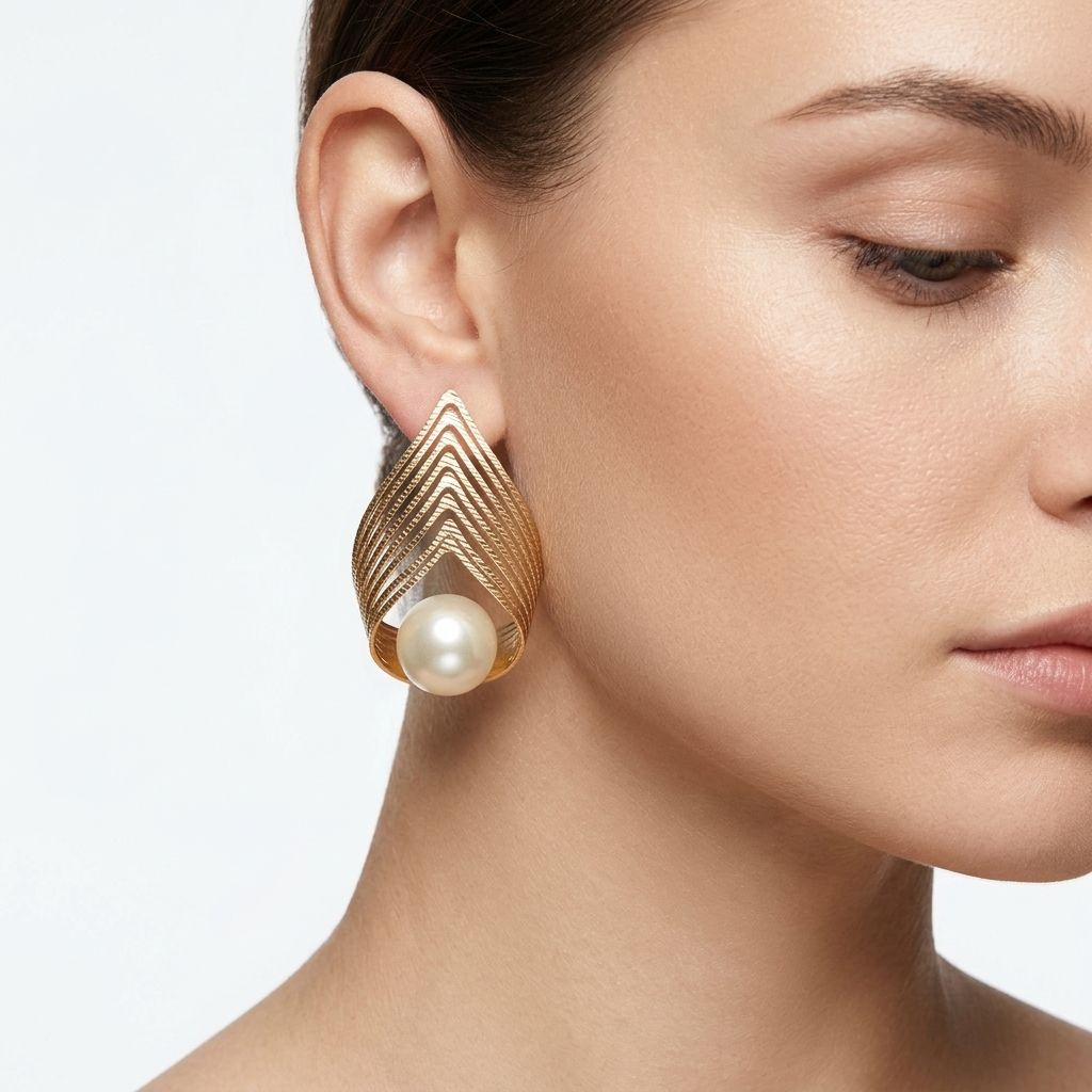 Gold Stud Sculpted Cradle Cream Pearl Earrings