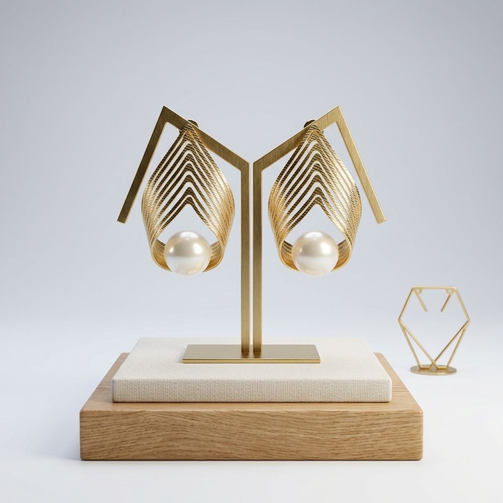 Gold Stud Sculpted Cradle Cream Pearl Earrings