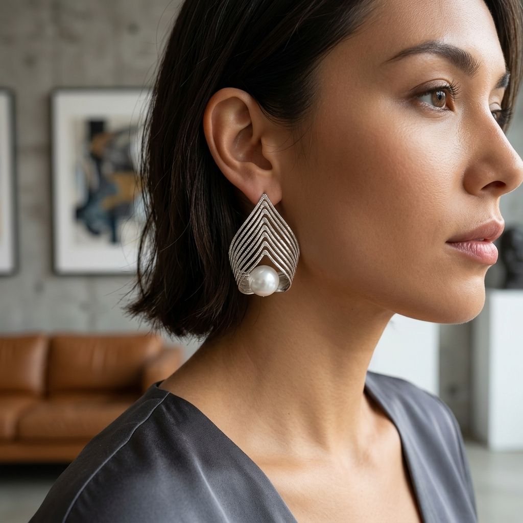 Silver Stud Sculpted Cradle White Pearl Earrings