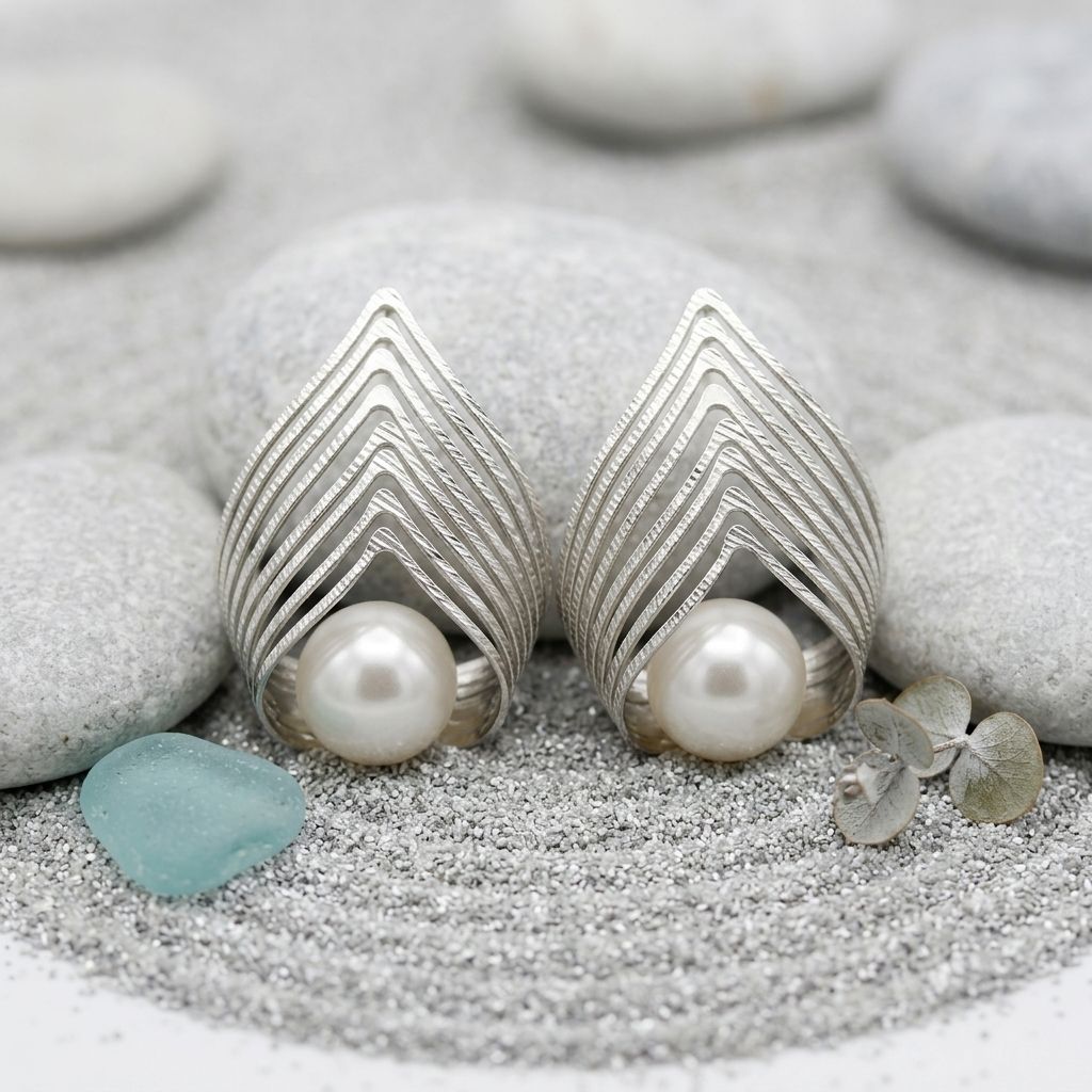 Silver Stud Sculpted Cradle White Pearl Earrings