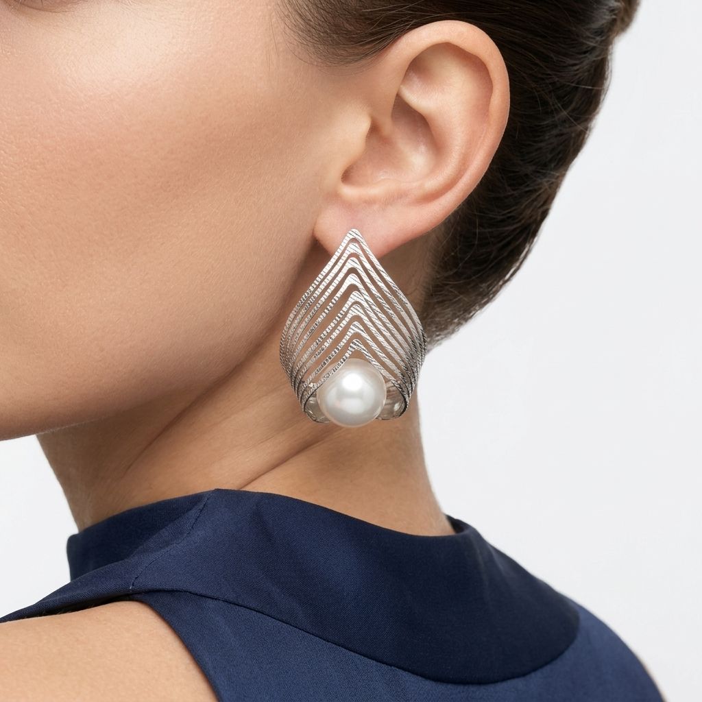Silver Stud Sculpted Cradle White Pearl Earrings