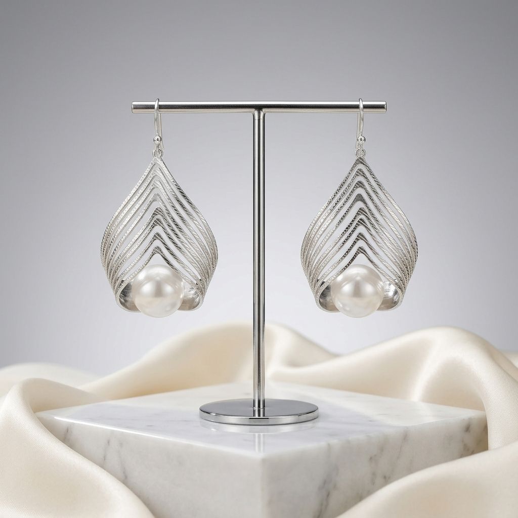 Silver Stud Sculpted Cradle White Pearl Earrings