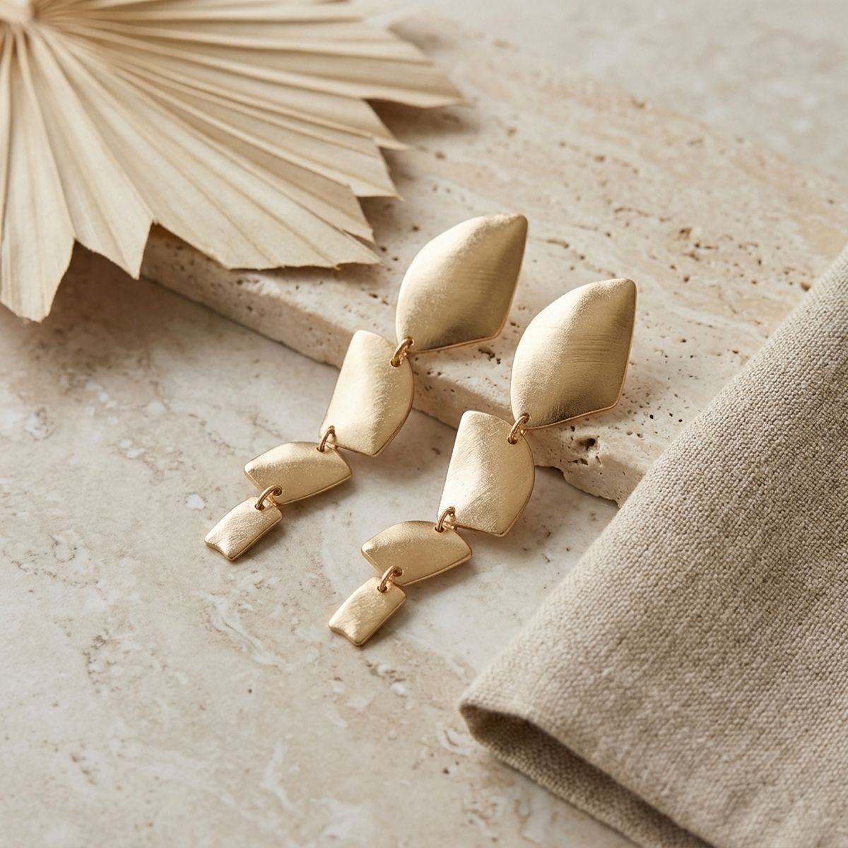 Clip On Brushed Gold Geometric Dangle Earrings