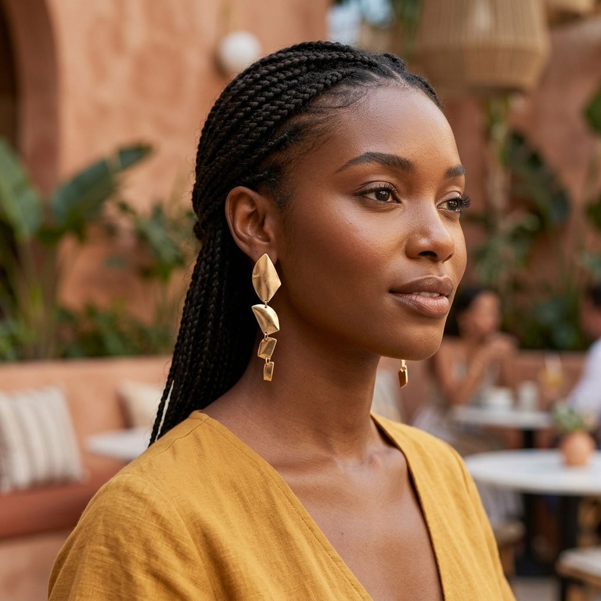 Clip On Brushed Gold Geometric Dangle Earrings