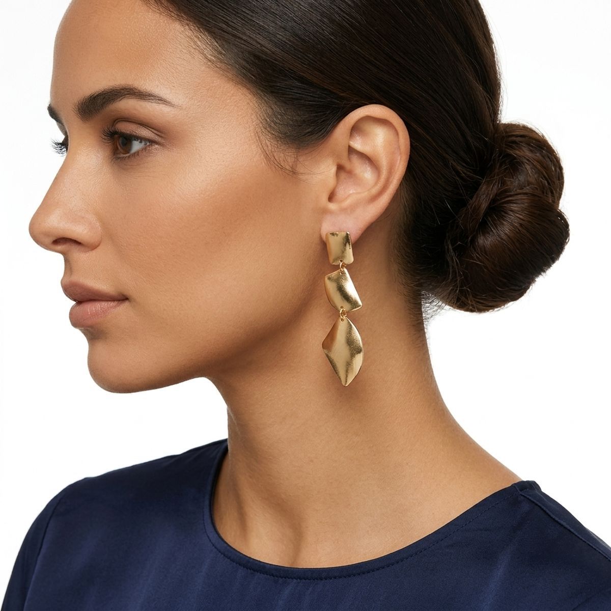 Clip On Brushed Gold Geometric Dangle Earrings
