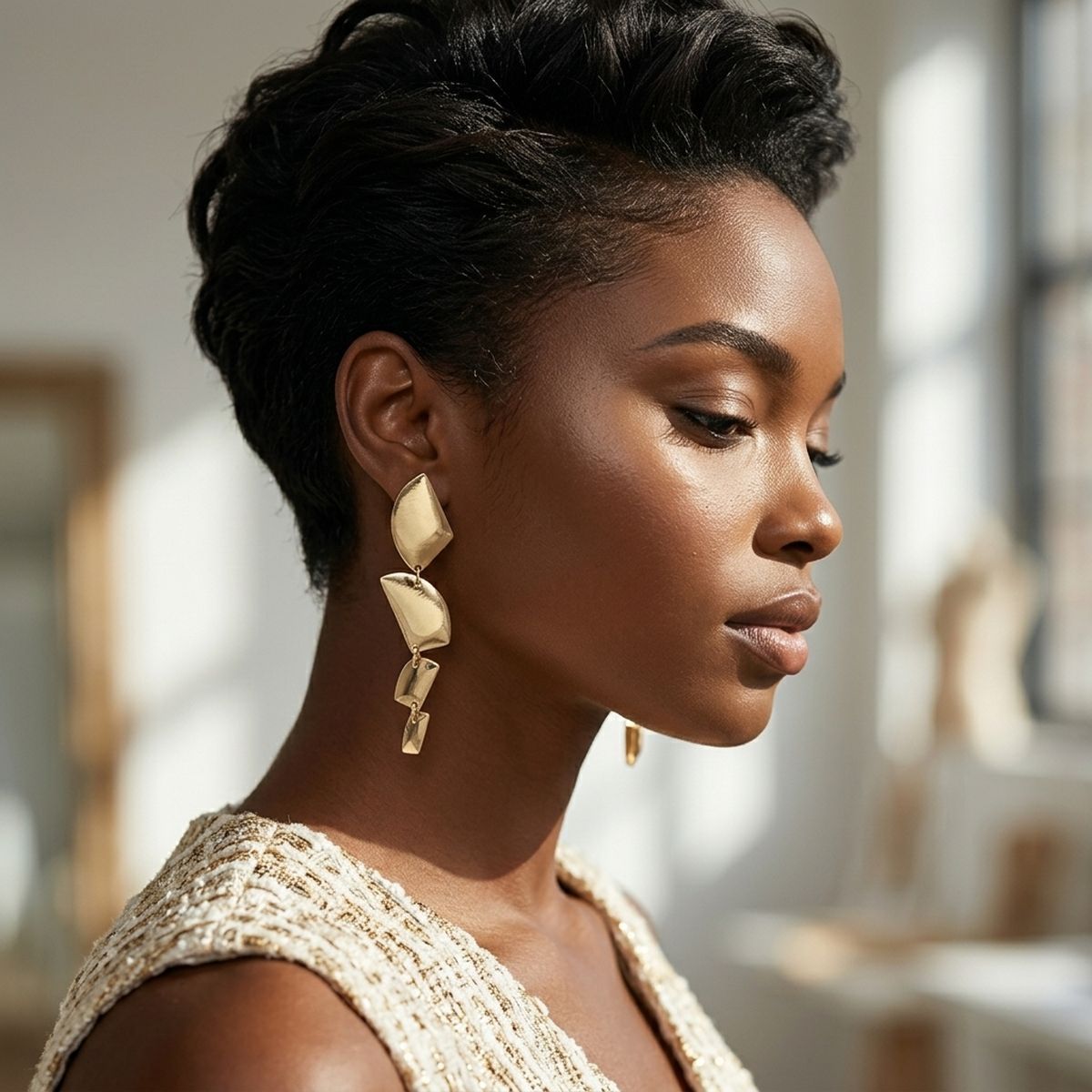 Clip On Brushed Gold Geometric Dangle Earrings