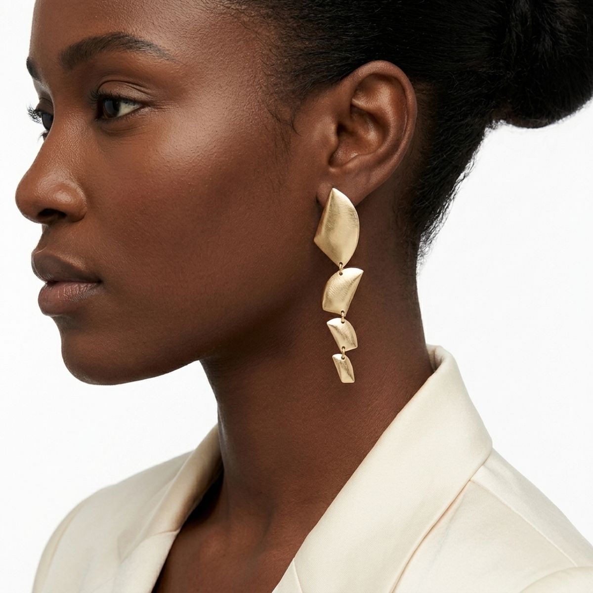 Clip On Brushed Gold Geometric Dangle Earrings